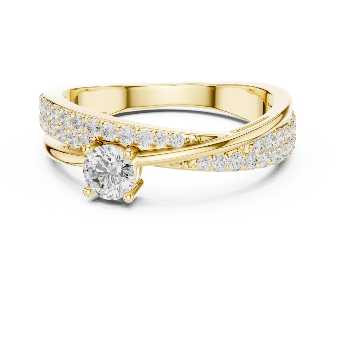 Round Cut Diamond Twist Band Ring with Pavé Accents and Solitaire Center