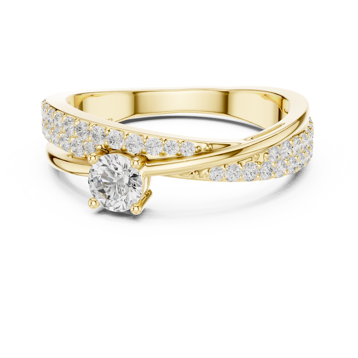Round Cut Diamond Twist Band Ring with Pavé Accents and Solitaire Center