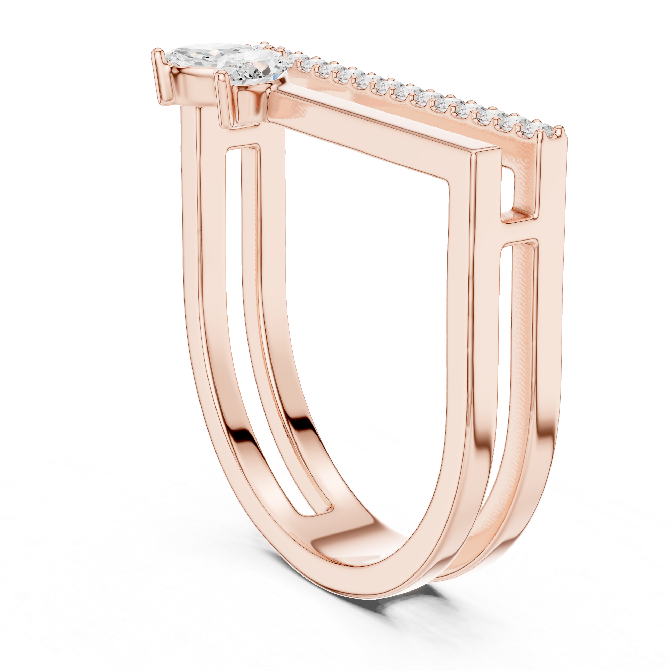 Marquise and Round Diamond Open Bar Ring with Pavé Band