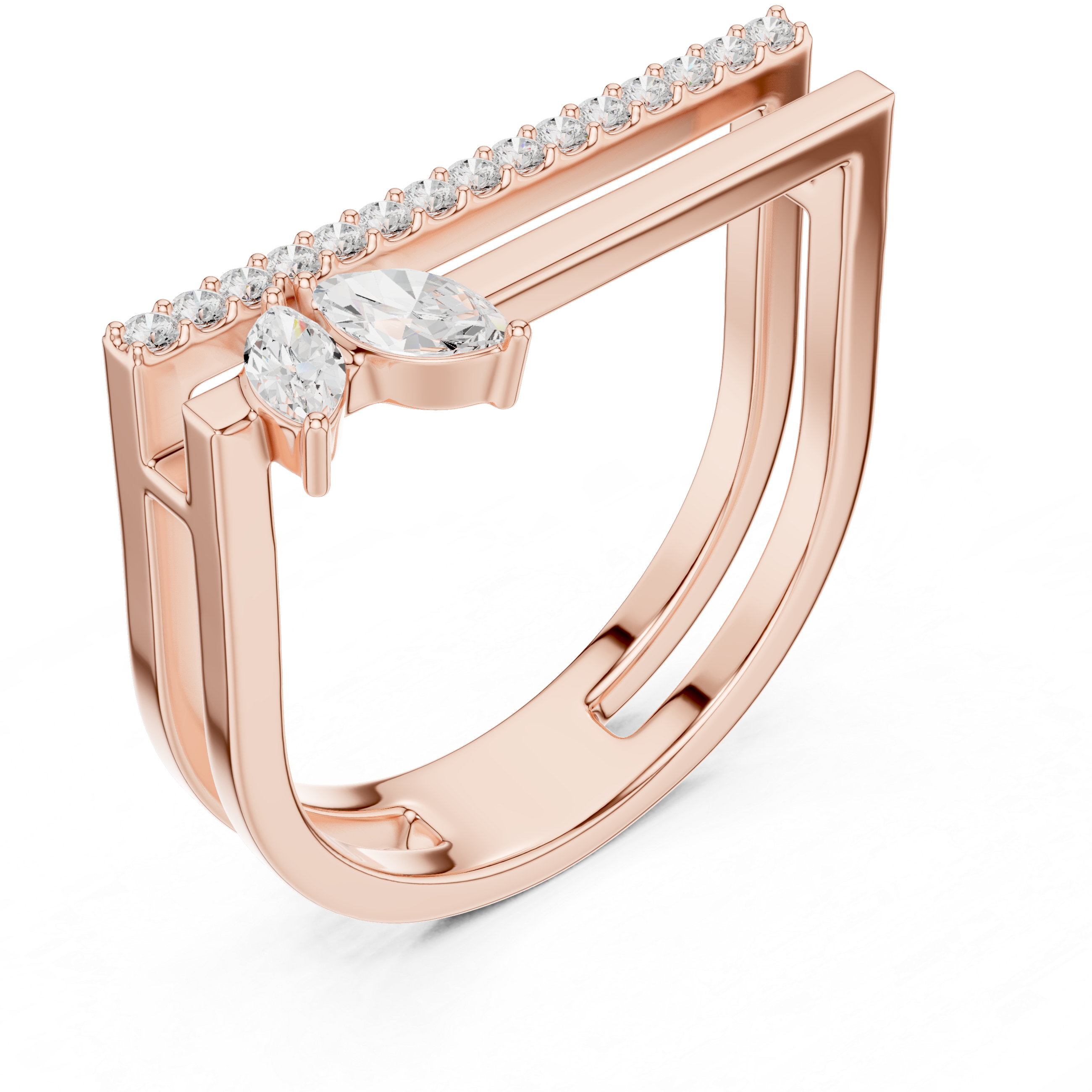 Marquise and Round Diamond Open Bar Ring with Pavé Band