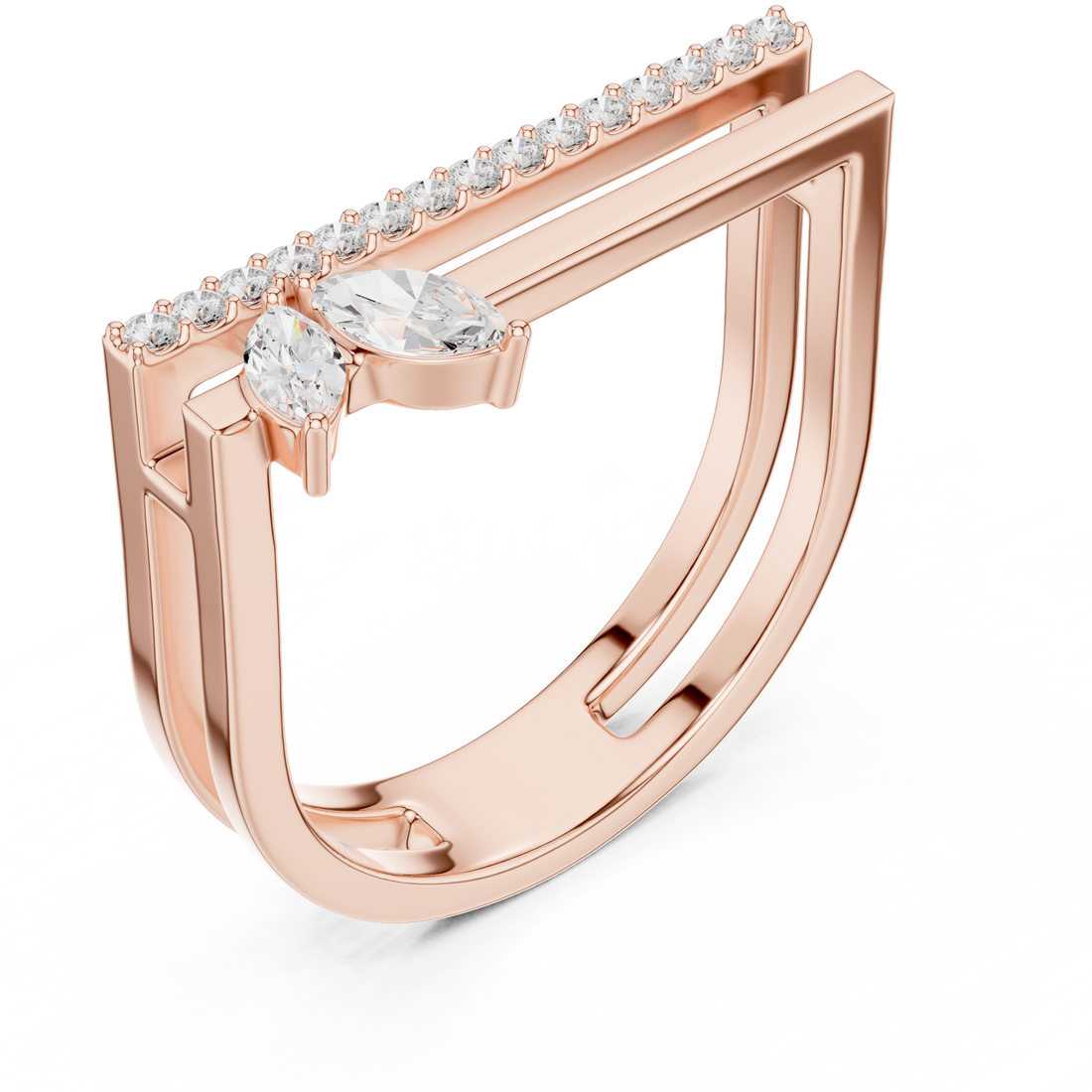 Marquise and Round Diamond Open Bar Ring with Pavé Band