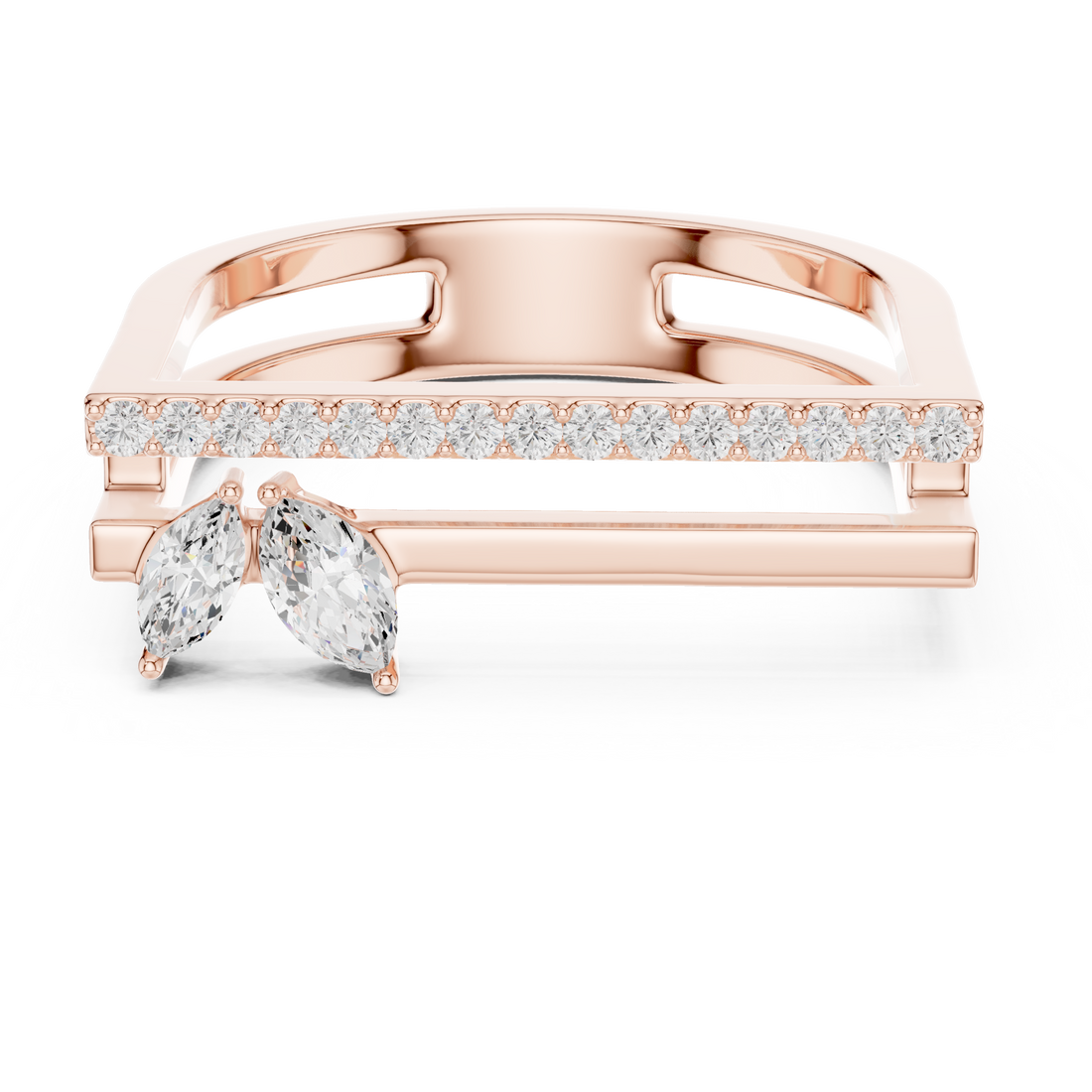 Marquise and Round Diamond Open Bar Ring with Pavé Band