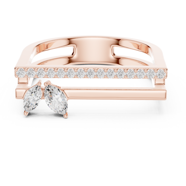 Marquise and Round Diamond Open Bar Ring with Pavé Band