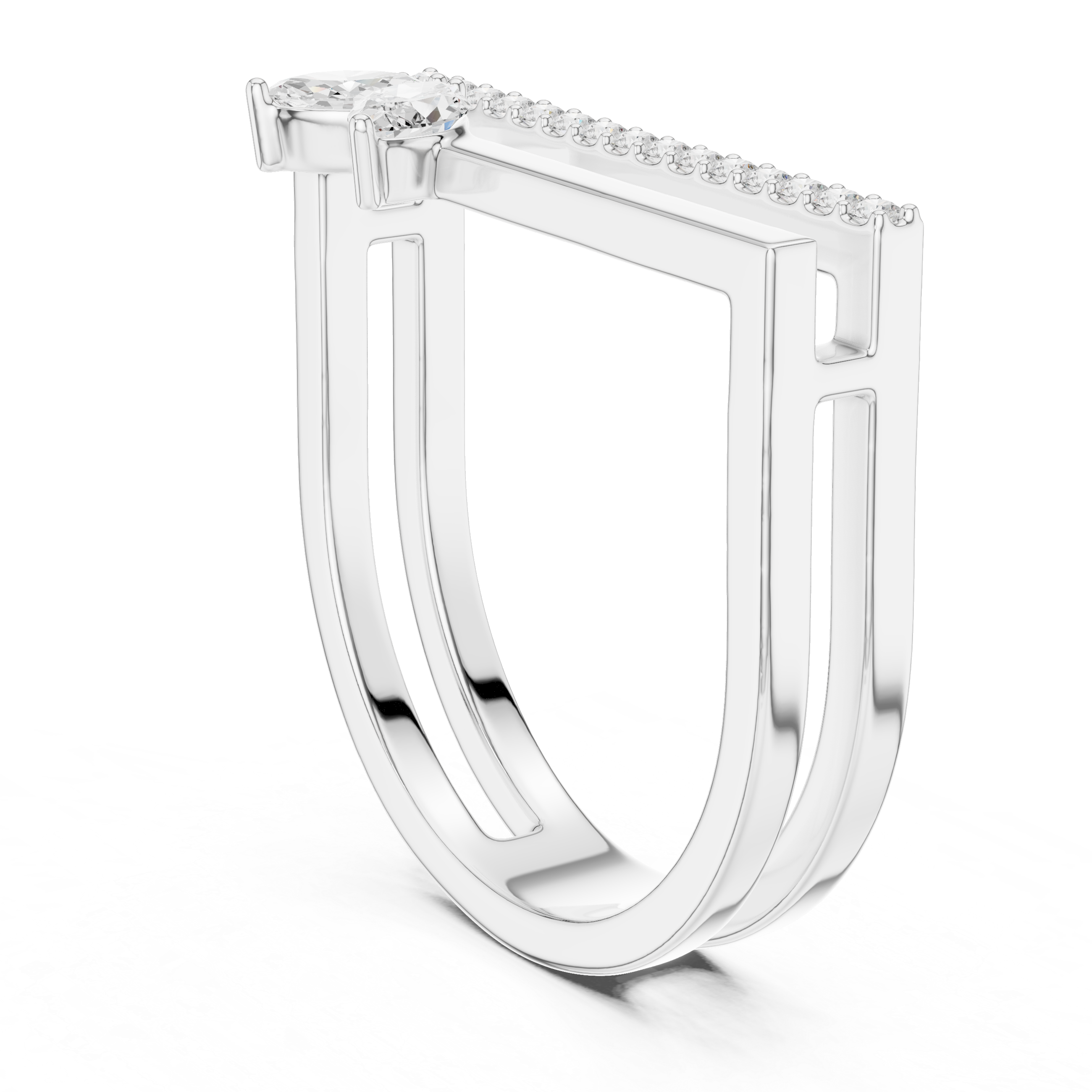 Marquise and Round Diamond Open Bar Ring with Pavé Band