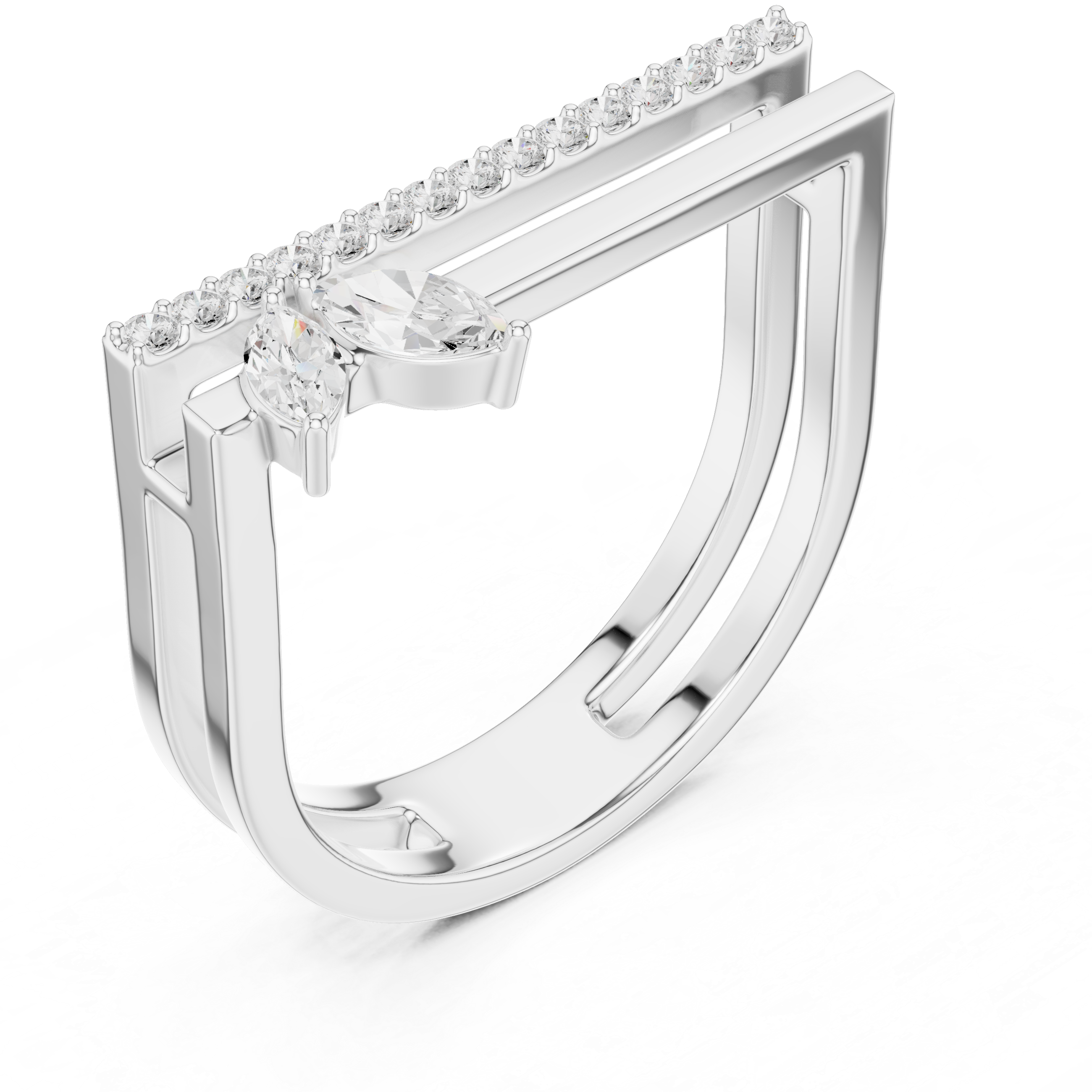 Marquise and Round Diamond Open Bar Ring with Pavé Band