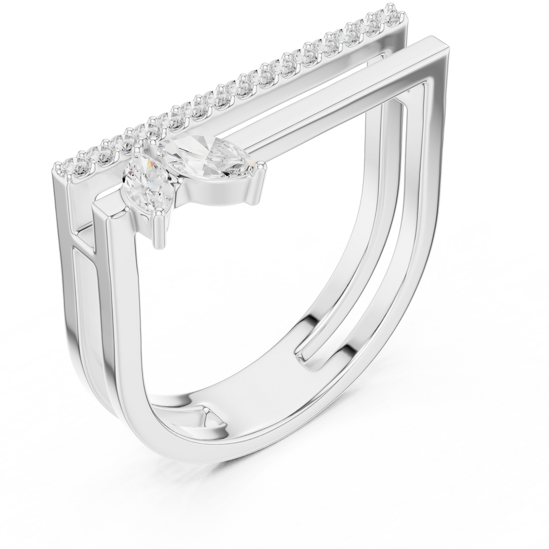 Marquise and Round Diamond Open Bar Ring with Pavé Band