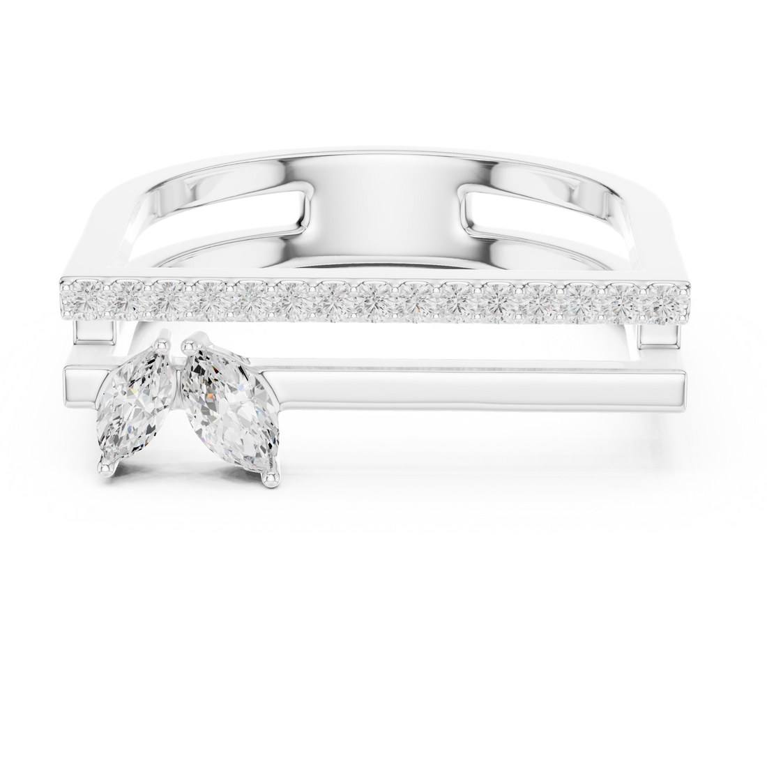 Marquise and Round Diamond Open Bar Ring with Pavé Band