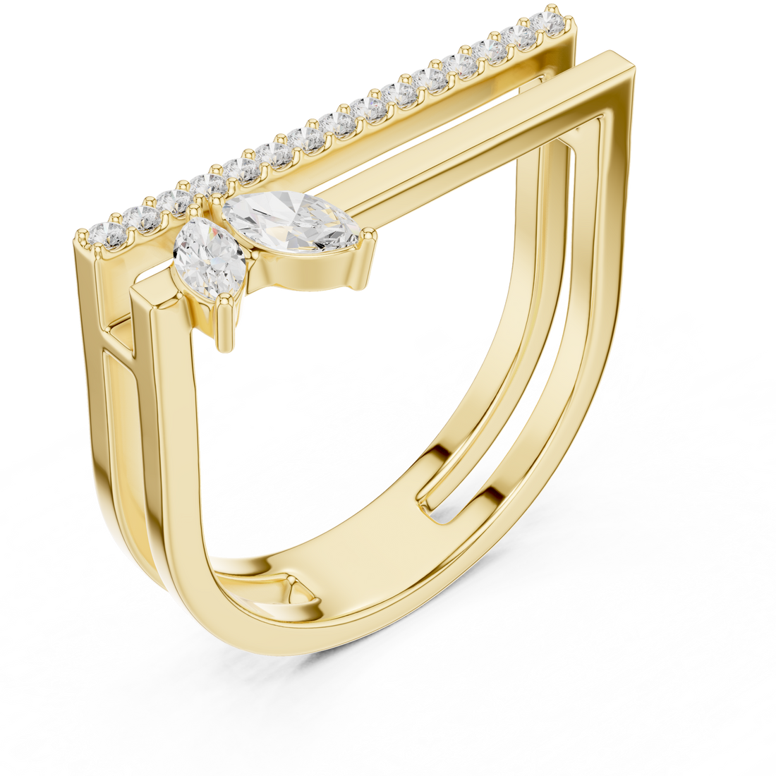 Marquise and Round Diamond Open Bar Ring with Pavé Band