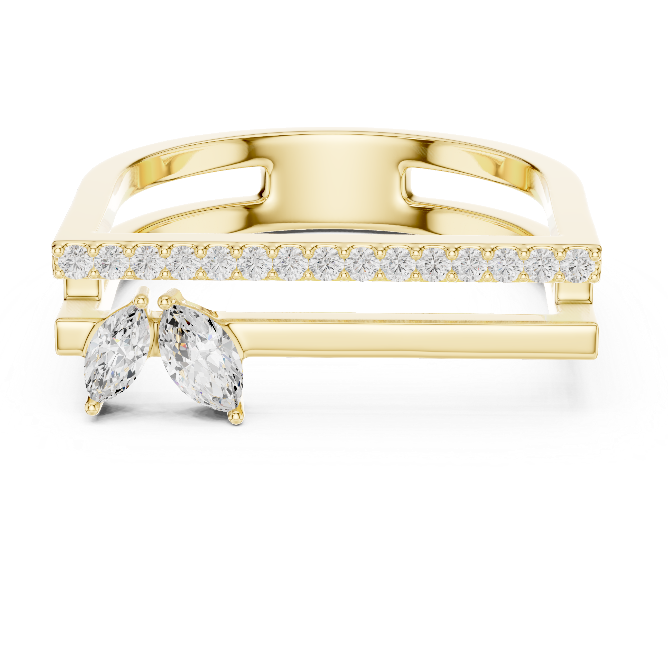 Marquise and Round Diamond Open Bar Ring with Pavé Band
