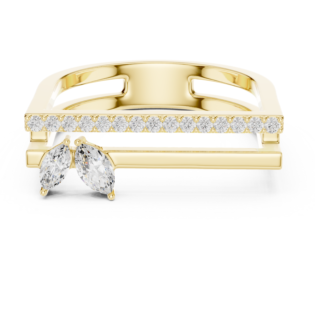 Marquise and Round Diamond Open Bar Ring with Pavé Band
