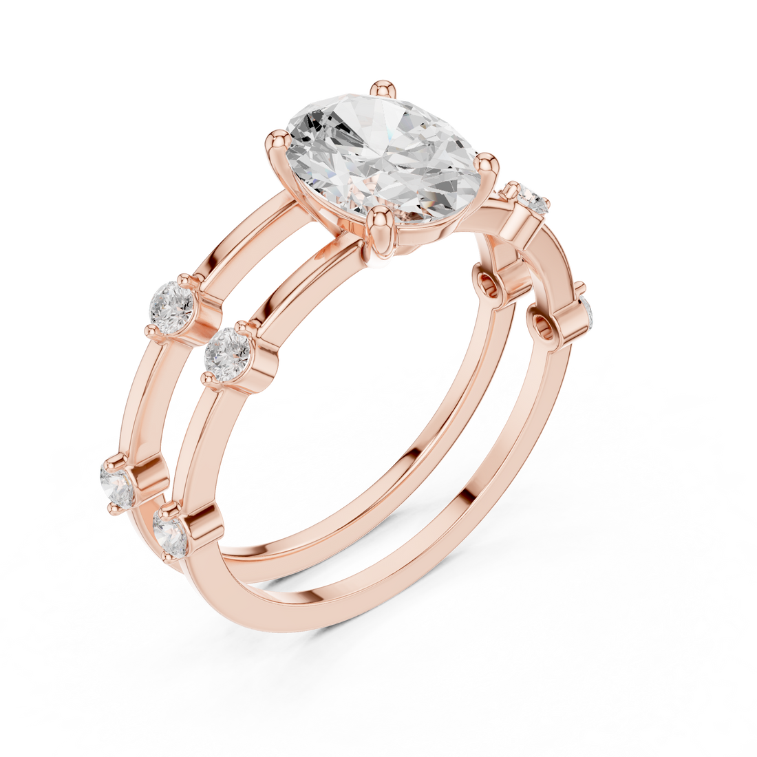 Oval Cut Diamond Engagement Ring with Triple Band Side Accents