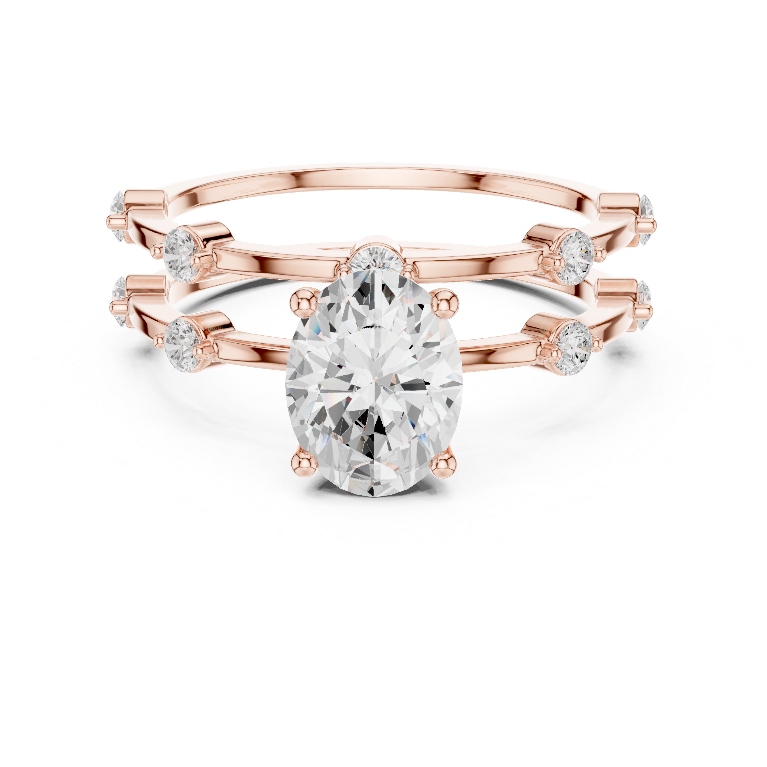 Oval Cut Diamond Engagement Ring with Triple Band Side Accents