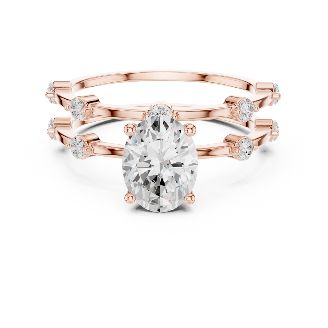 Oval Cut Diamond Engagement Ring with Triple Band Side Accents