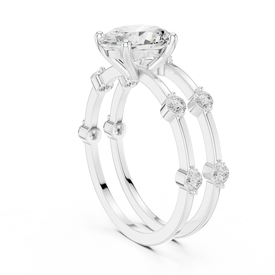 Oval Cut Diamond Engagement Ring with Triple Band Side Accents