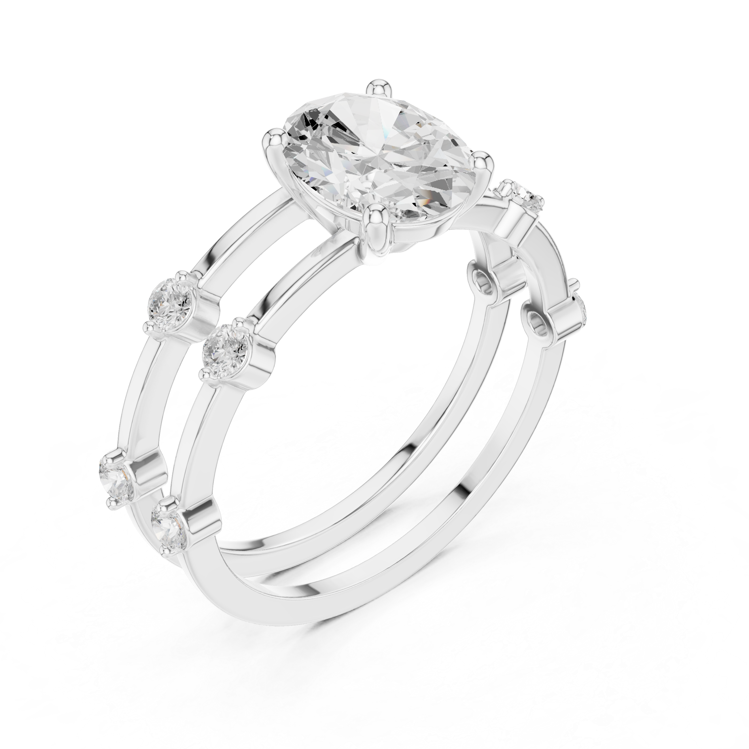 Oval Cut Diamond Engagement Ring with Triple Band Side Accents