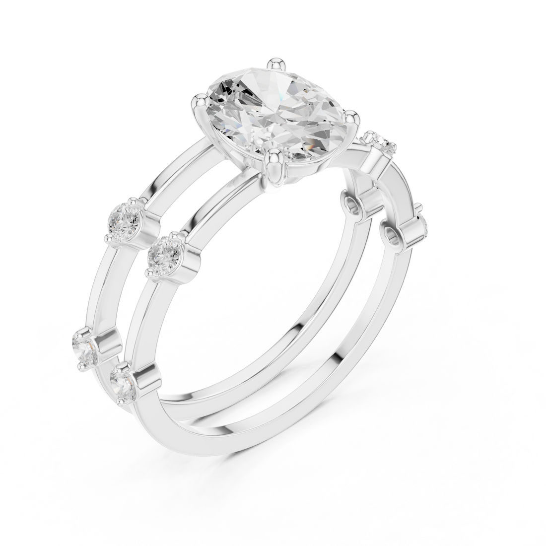 Oval Cut Diamond Engagement Ring with Triple Band Side Accents