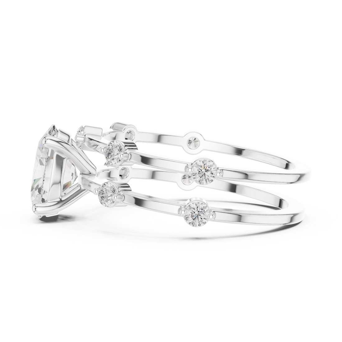 Oval Cut Diamond Engagement Ring with Triple Band Side Accents