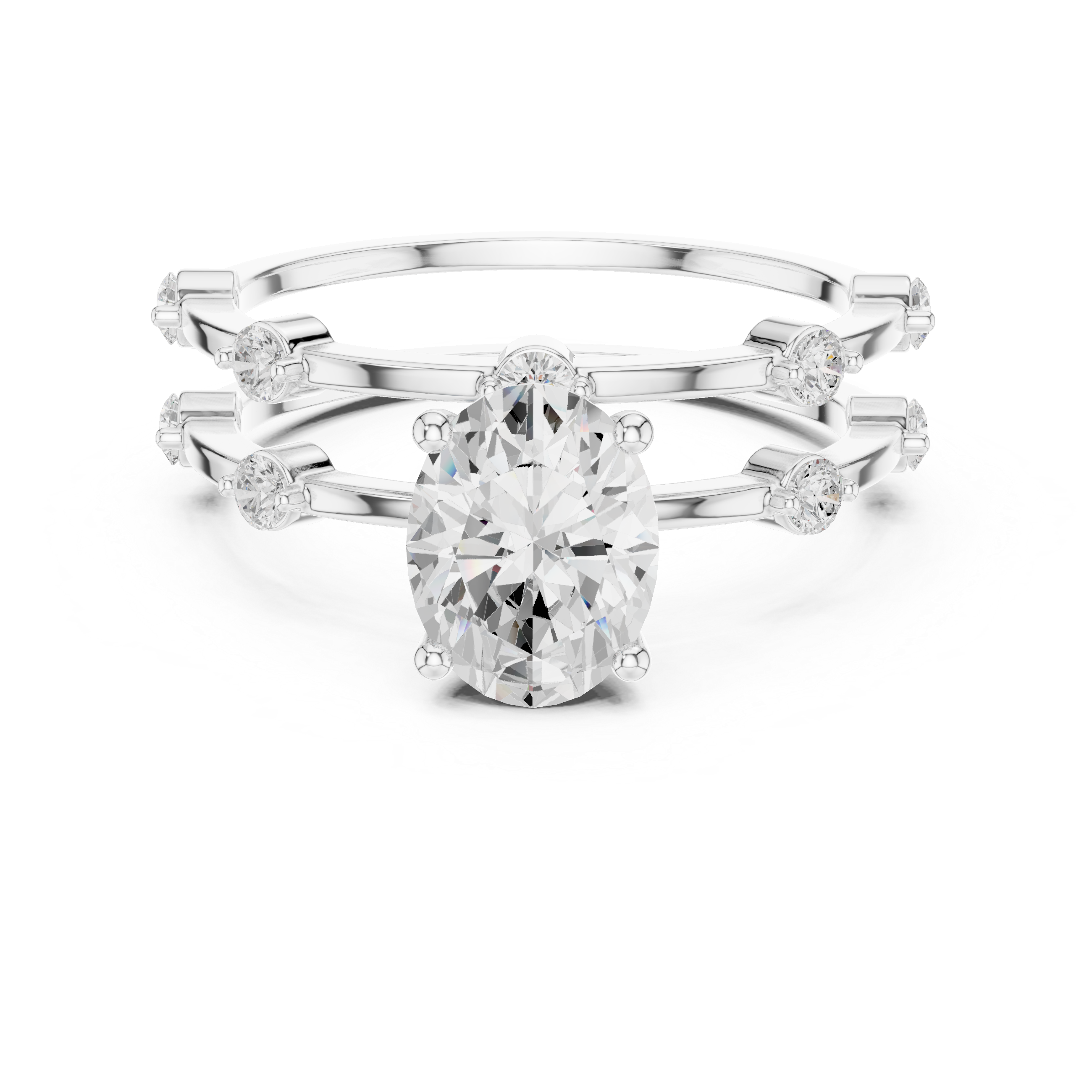 Oval Cut Diamond Engagement Ring with Triple Band Side Accents