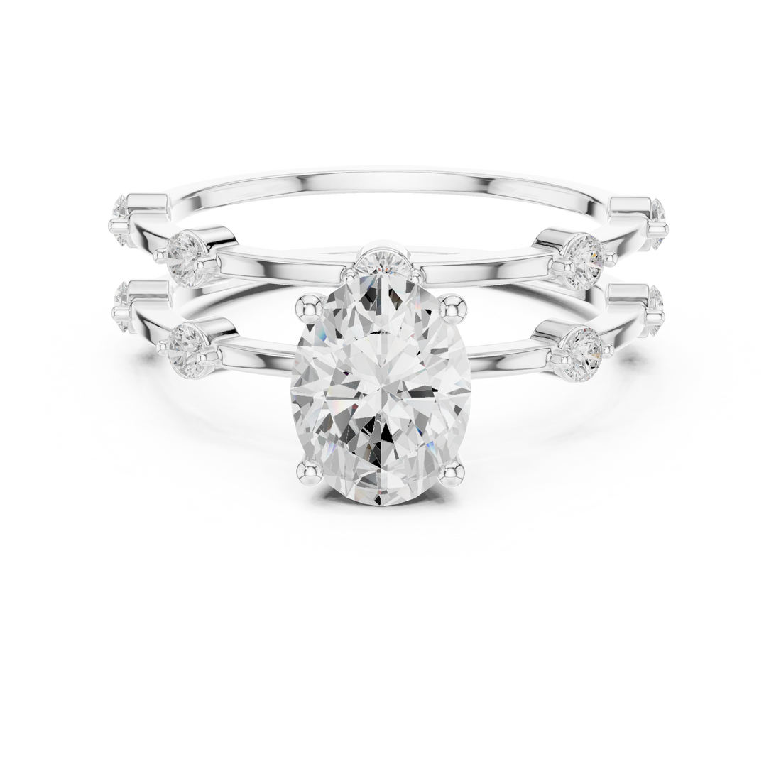 Oval Cut Diamond Engagement Ring with Triple Band Side Accents