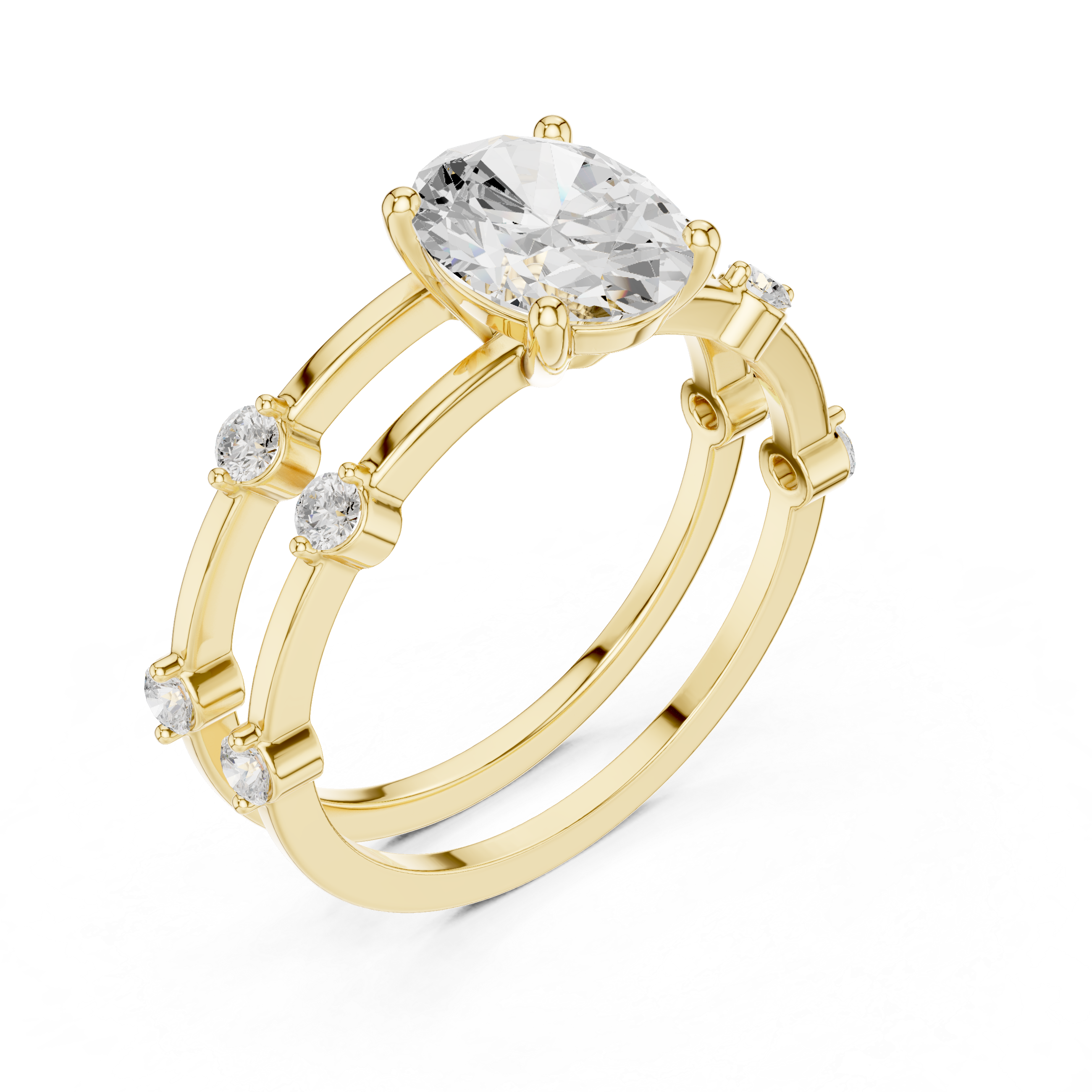 Oval Cut Diamond Engagement Ring with Triple Band Side Accents