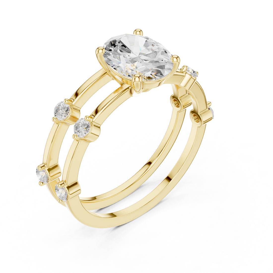 Oval Cut Diamond Engagement Ring with Triple Band Side Accents