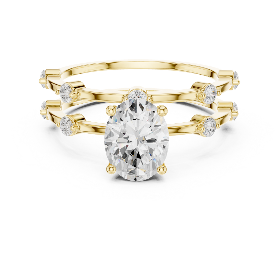 Oval Cut Diamond Engagement Ring with Triple Band Side Accents