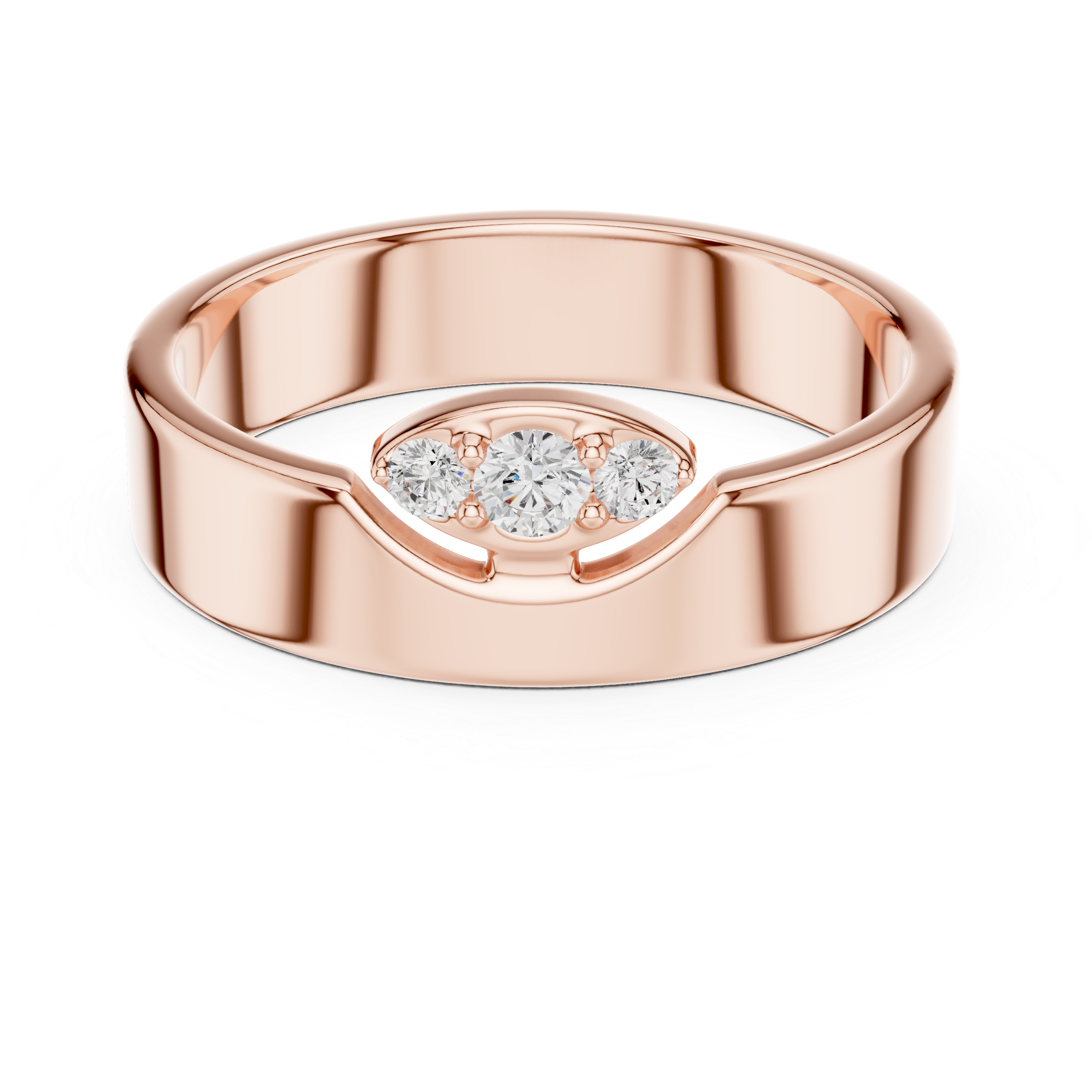 Round Diamond Three Stone Wide Band Ring Modern Classic Style