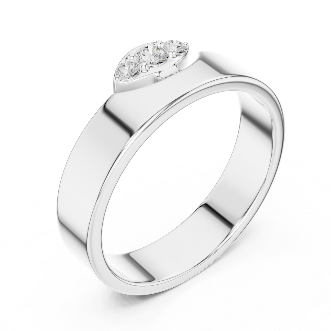 Round Diamond Three Stone Wide Band Ring Modern Classic Style