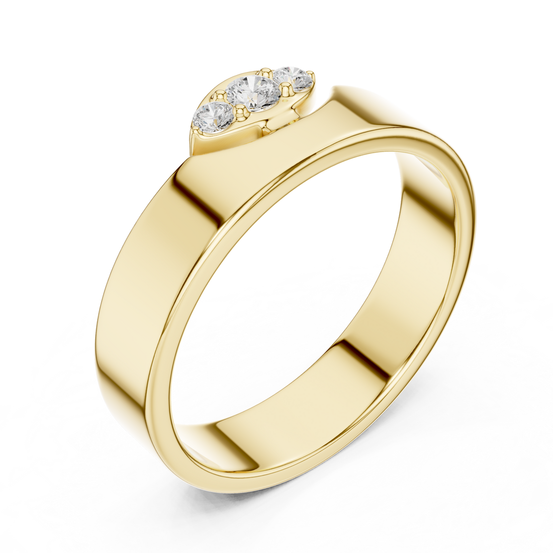 Round Diamond Three Stone Wide Band Ring Modern Classic Style