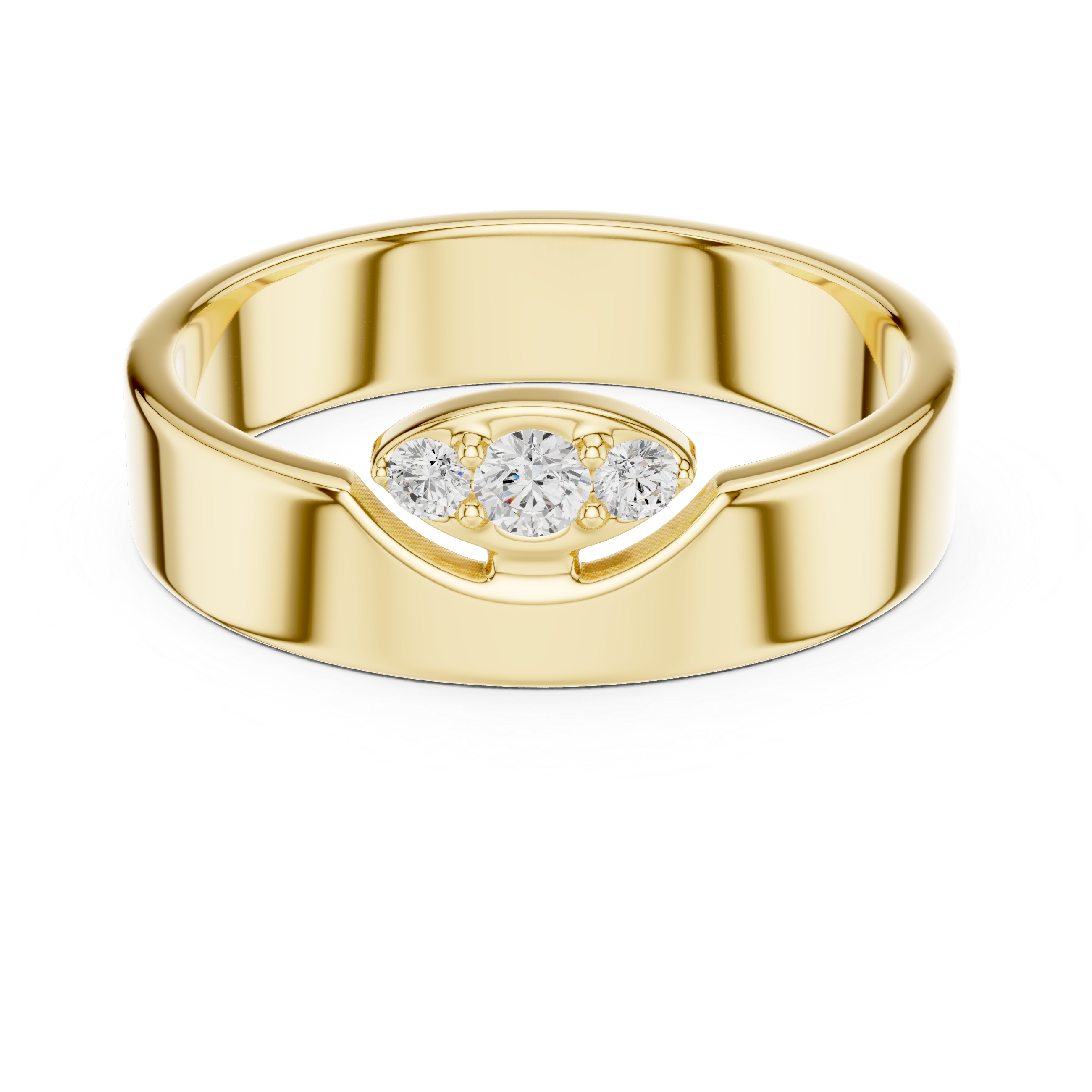 Round Diamond Three Stone Wide Band Ring Modern Classic Style