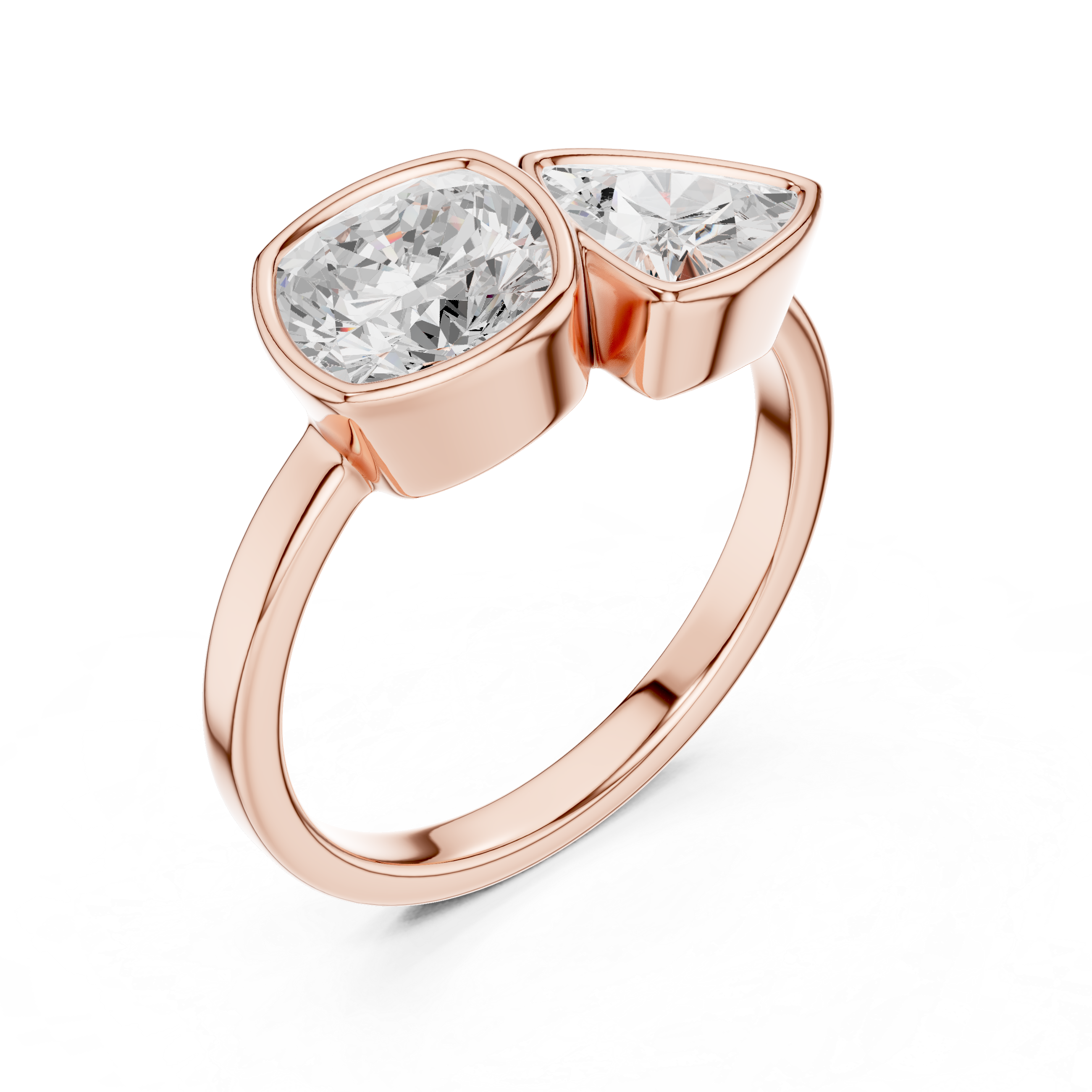 Cushion and Trillion Cut Diamond Bezel Two Stone Ring