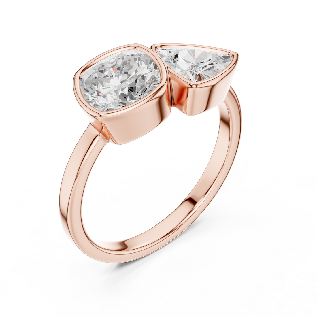 Cushion and Trillion Cut Diamond Bezel Two Stone Ring