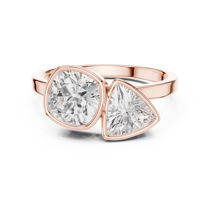 Cushion and Trillion Cut Diamond Bezel Two Stone Ring