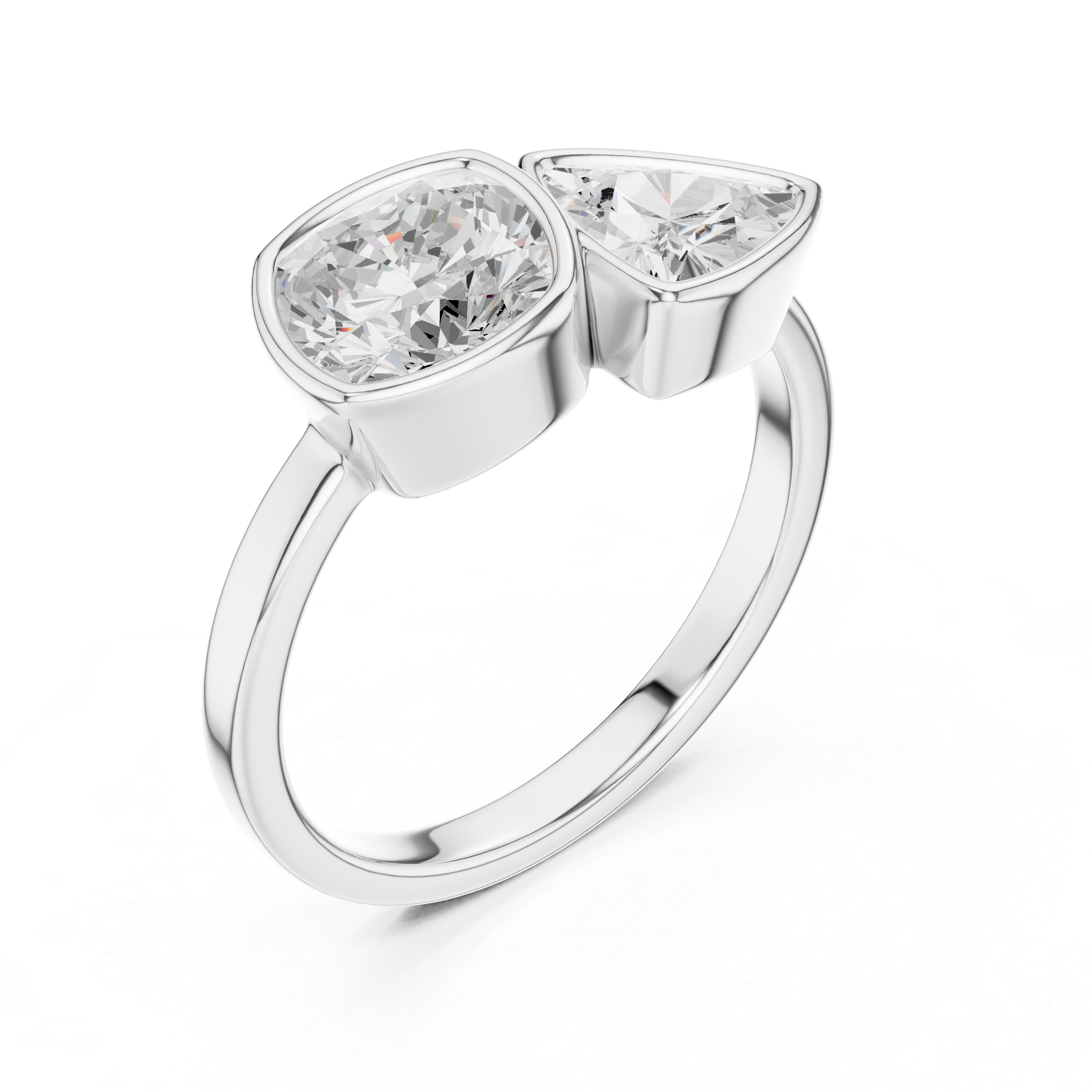 Cushion and Trillion Cut Diamond Bezel Two Stone Ring