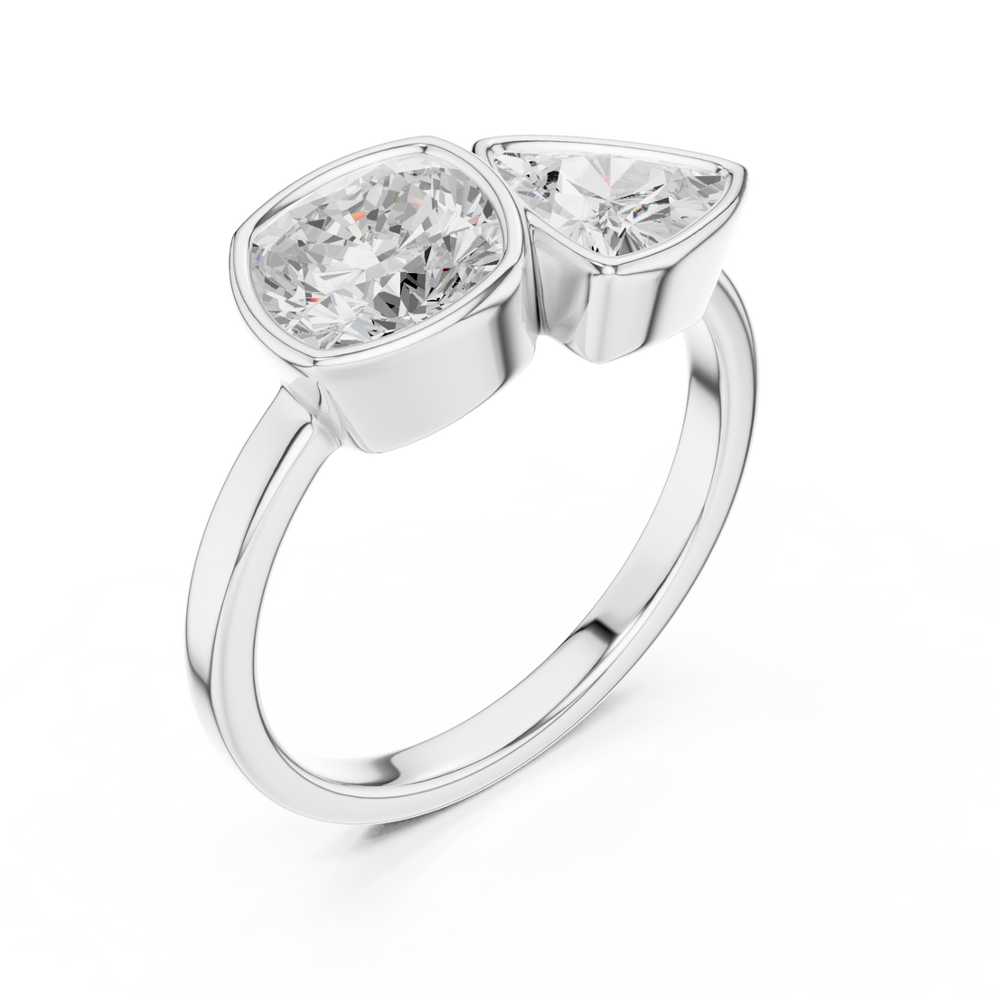 Cushion and Trillion Cut Diamond Bezel Two Stone Ring
