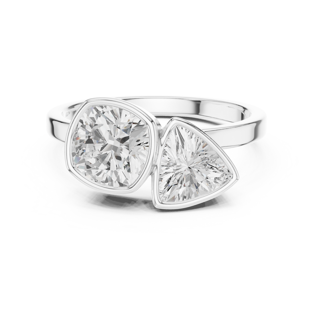 Cushion and Trillion Cut Diamond Bezel Two Stone Ring