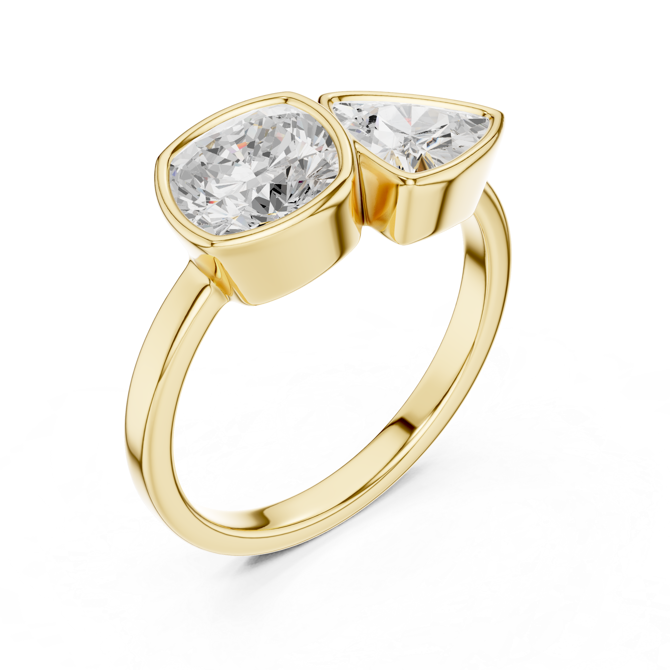 Cushion and Trillion Cut Diamond Bezel Two Stone Ring