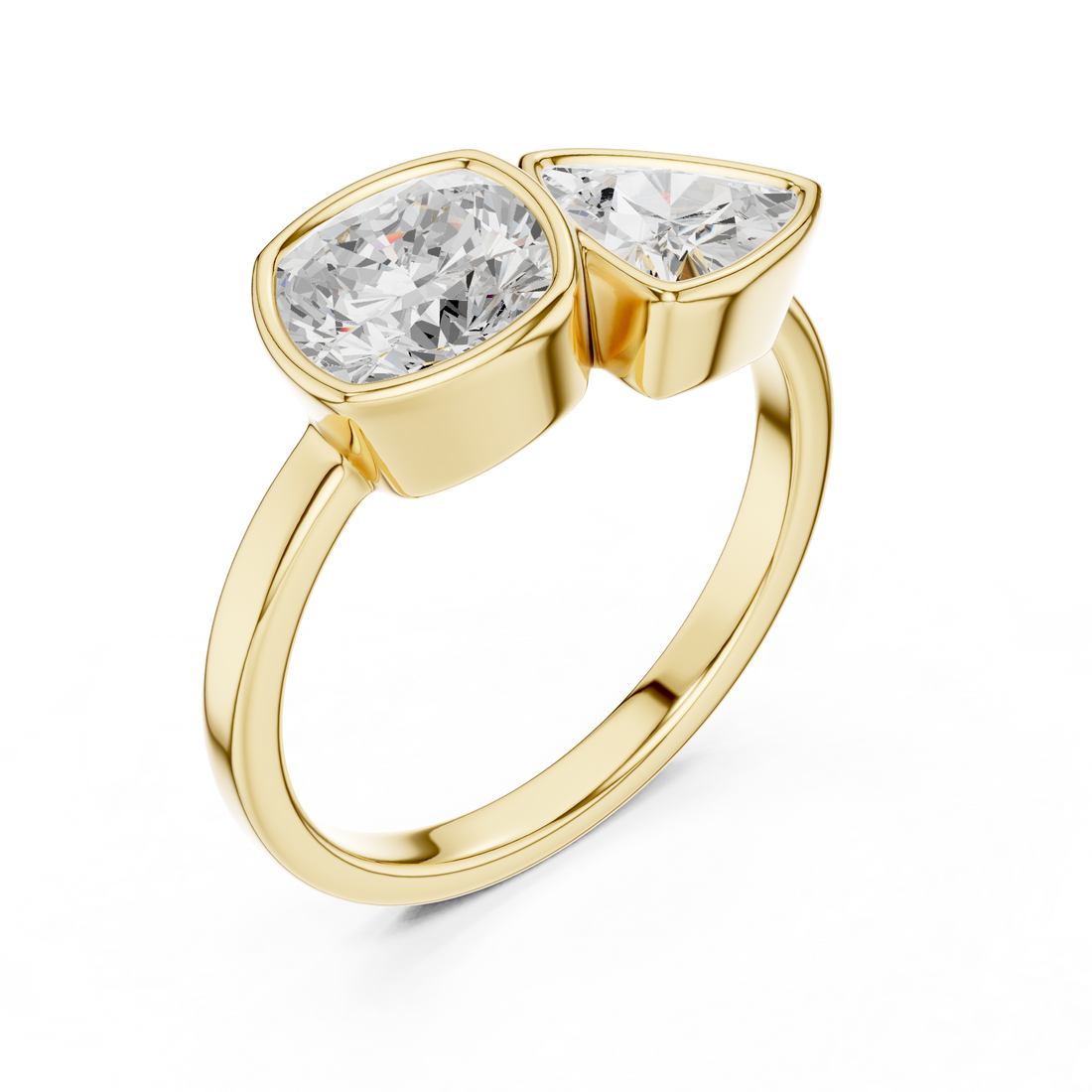 Cushion and Trillion Cut Diamond Bezel Two Stone Ring