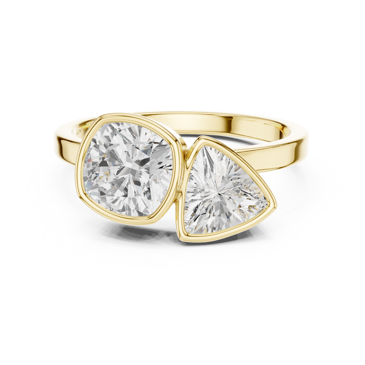 Cushion and Trillion Cut Diamond Bezel Two Stone Ring