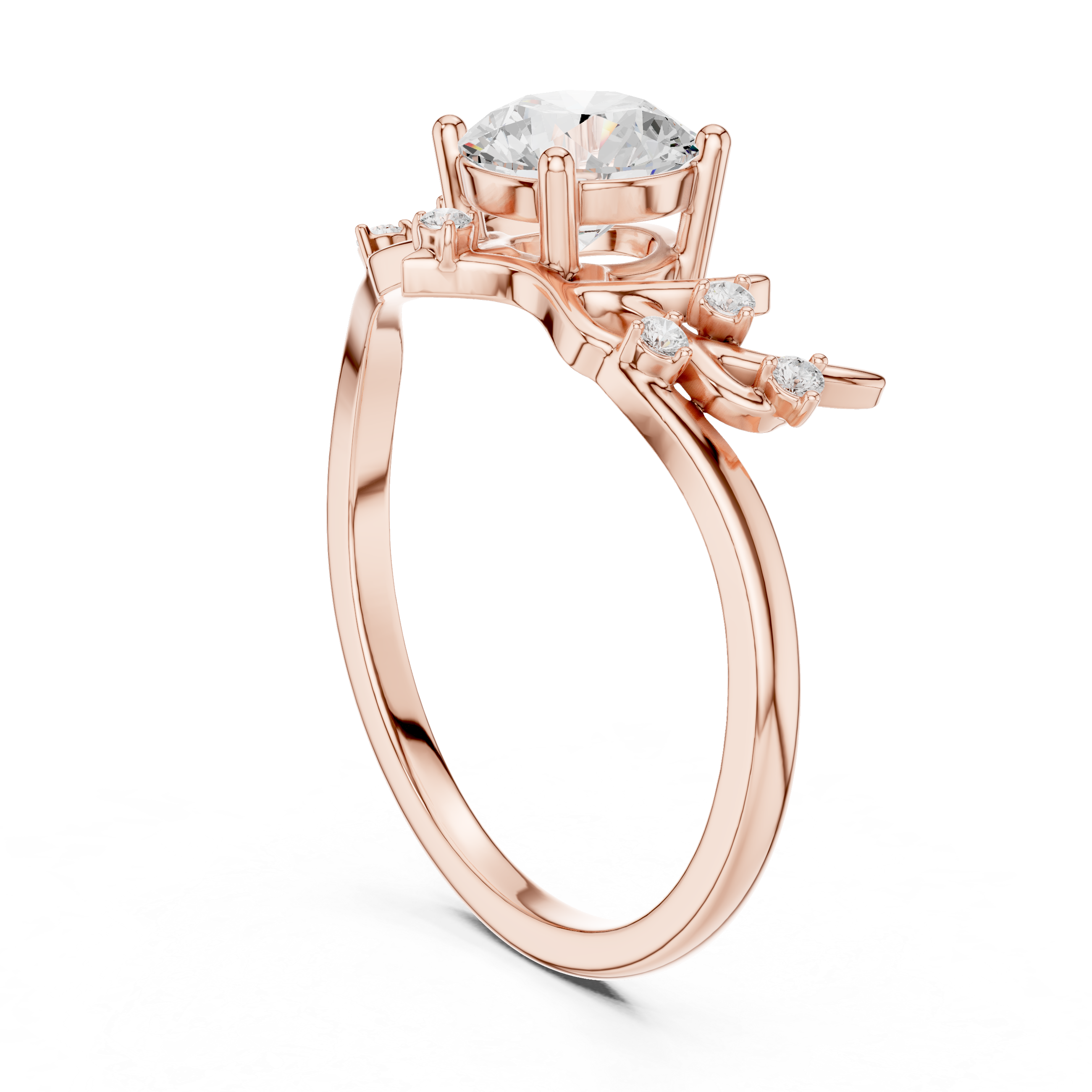 Round Diamond Branch Inspired Side Stone Ring