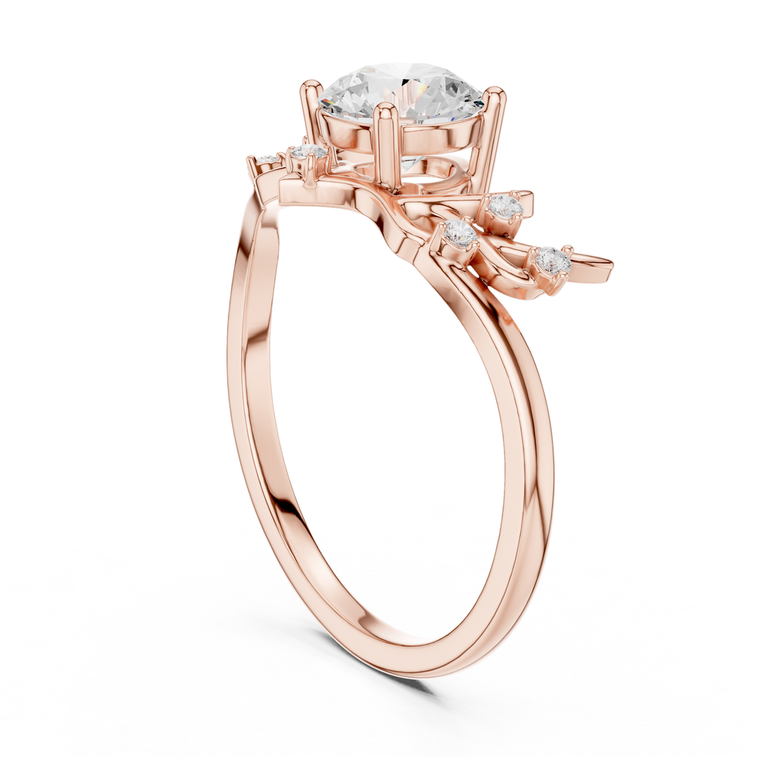 Round Diamond Branch Inspired Side Stone Ring