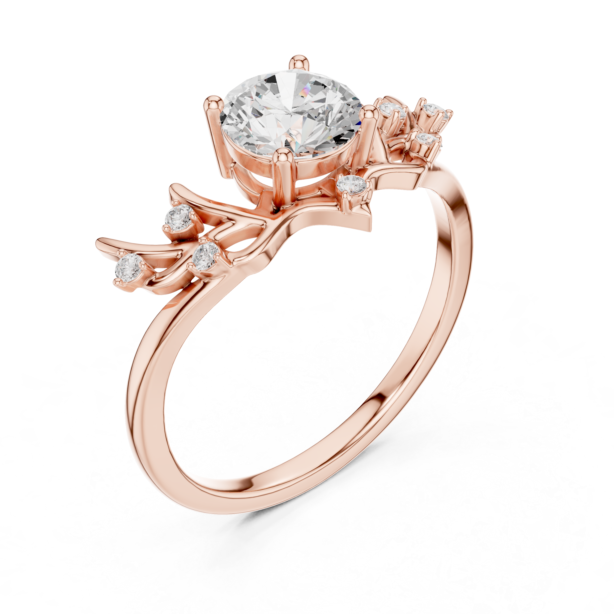 Round Diamond Branch Inspired Side Stone Ring
