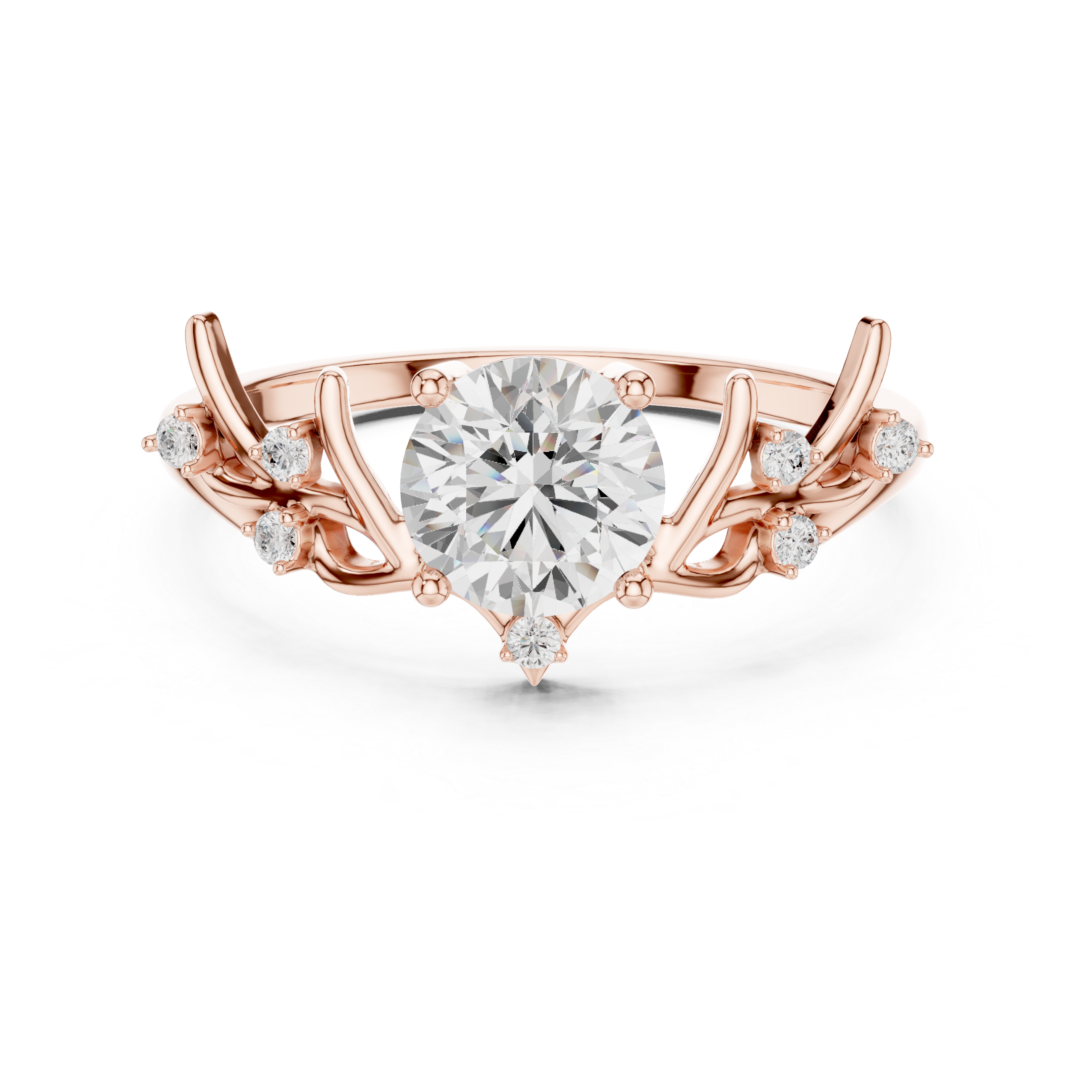 Round Diamond Branch Inspired Side Stone Ring