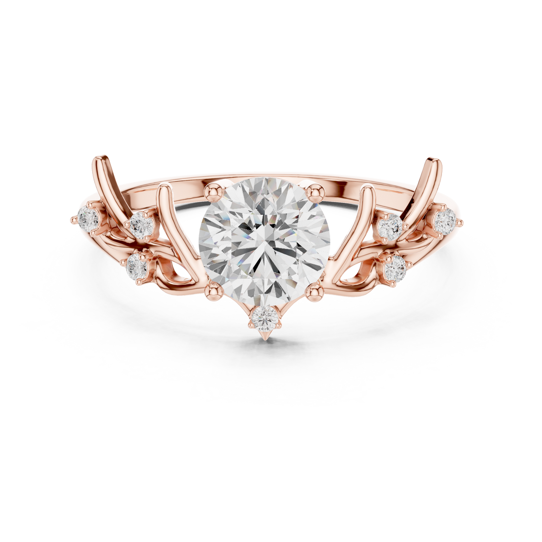 Round Diamond Branch Inspired Side Stone Ring