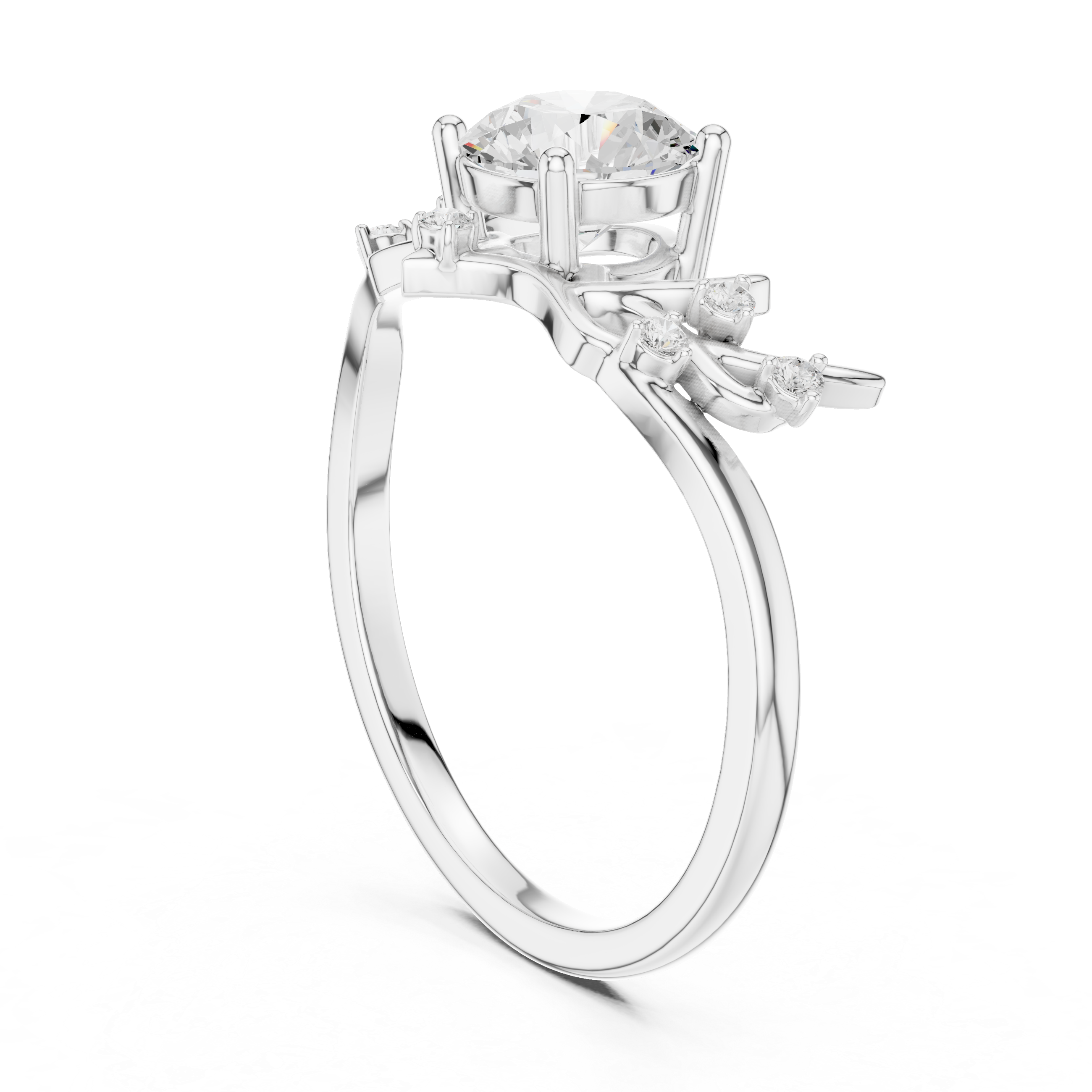 Round Diamond Branch Inspired Side Stone Ring