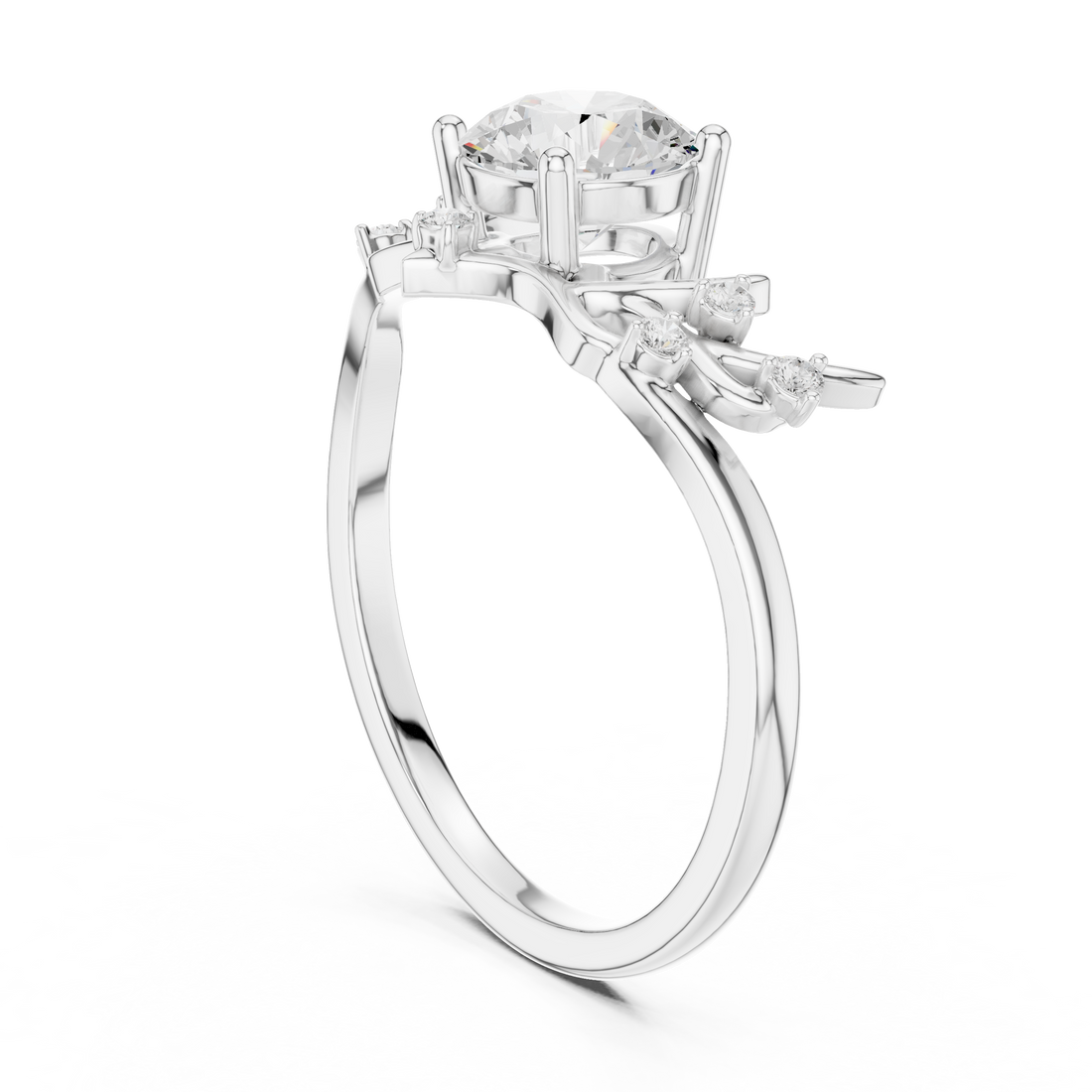 Round Diamond Branch Inspired Side Stone Ring