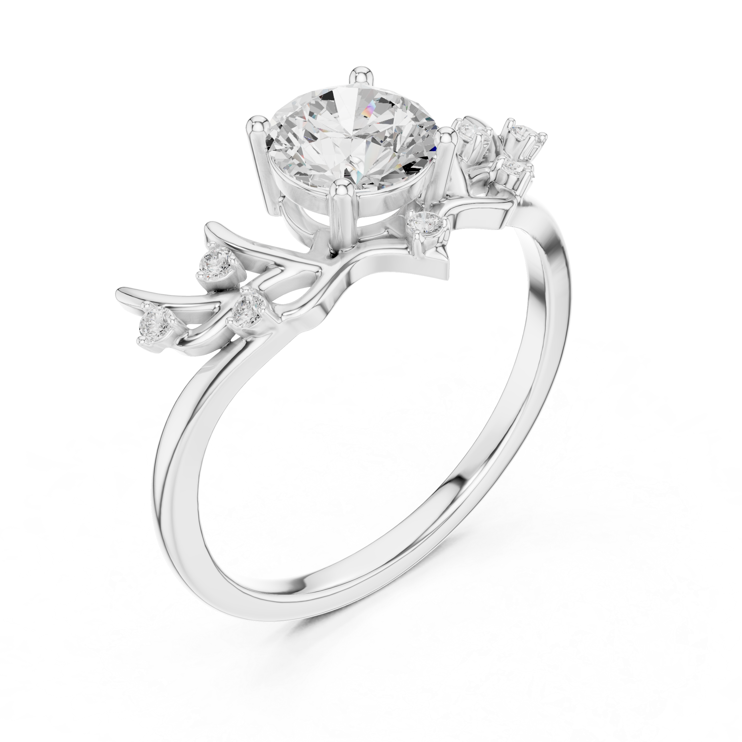 Round Diamond Branch Inspired Side Stone Ring