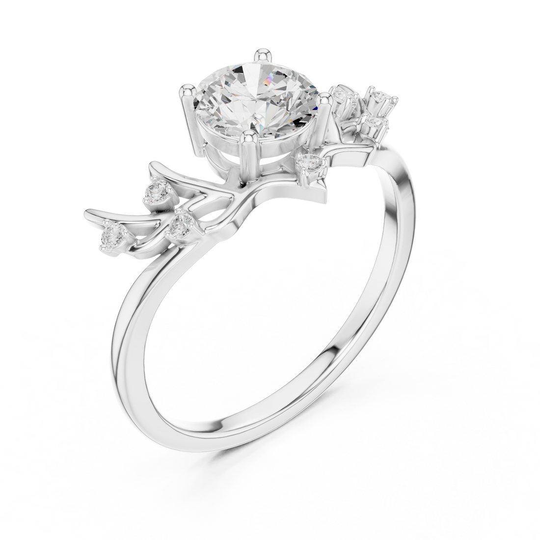 Round Diamond Branch Inspired Side Stone Ring