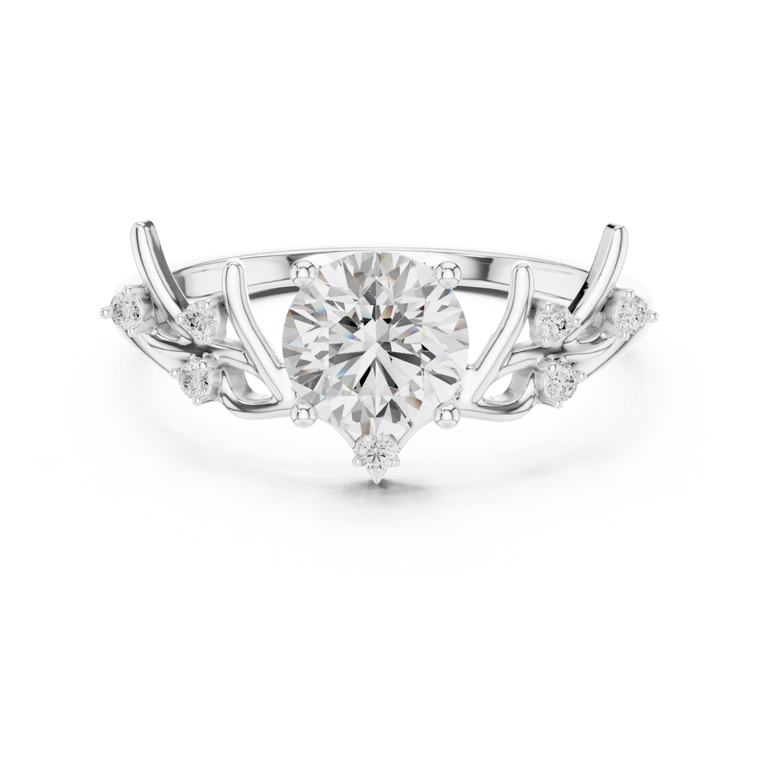 Round Diamond Branch Inspired Side Stone Ring
