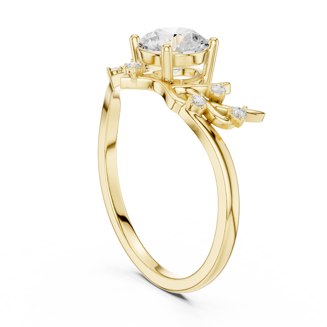 Round Diamond Branch Inspired Side Stone Ring